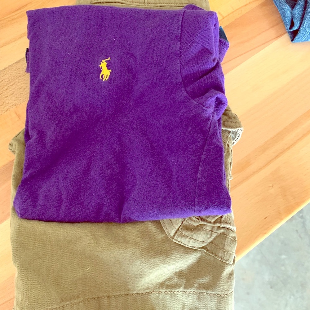 Purple & Gold Polo tee with Khaki shorts..